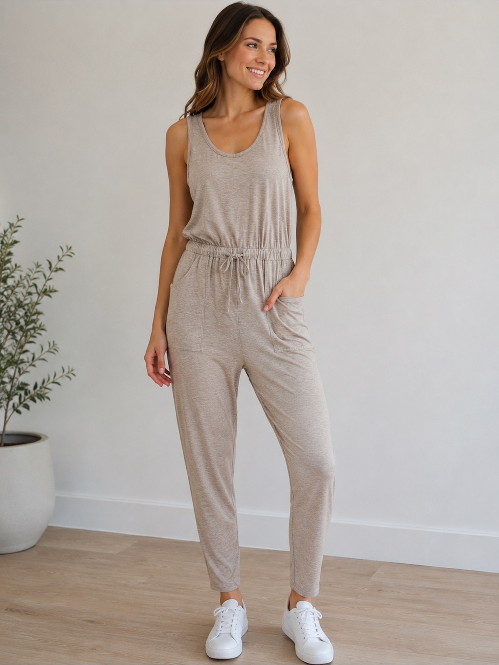 LOFT Outlet Beige Heather Knit Sleeveless Jumpsuit Drawstring Waist Size Large